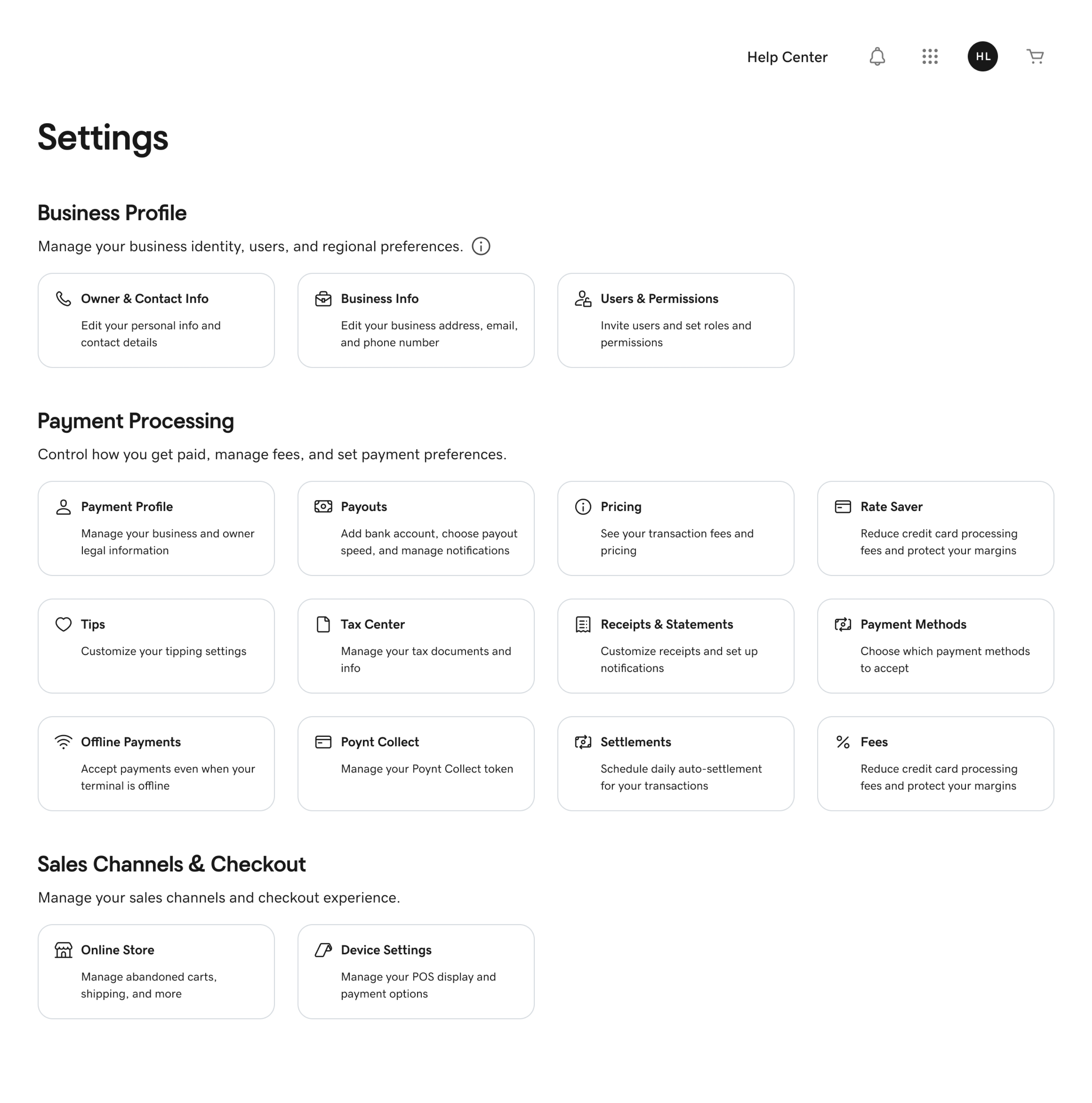 Unified settings landing page with grouped categories and search